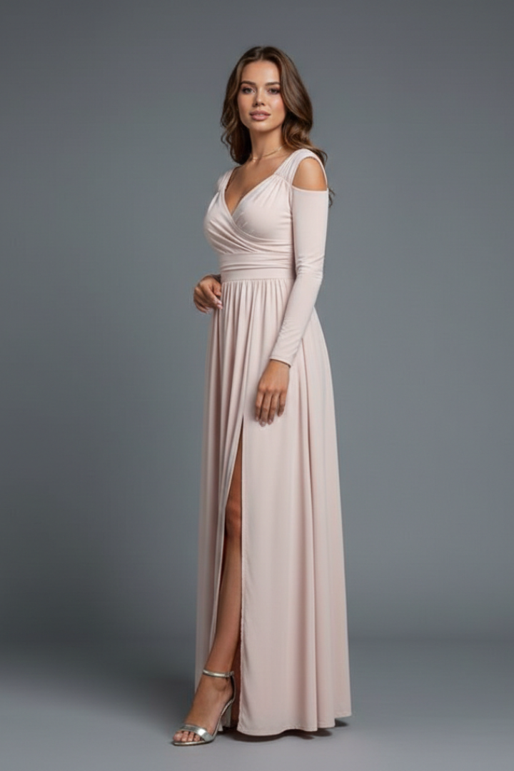 Women's formal V-neck long evening gown with an elegant side slit, perfect for sophisticated parties.
