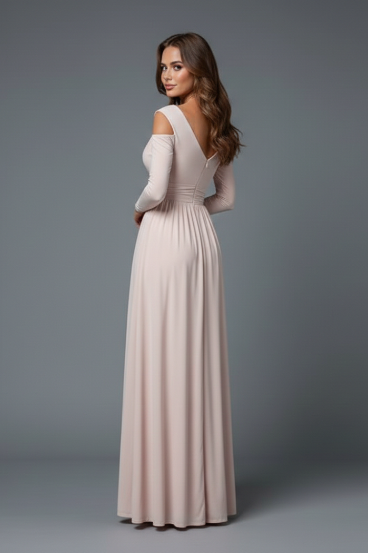 Stylish V-neck long dress for women, featuring a flattering side slit. Ideal for elegant parties & events.