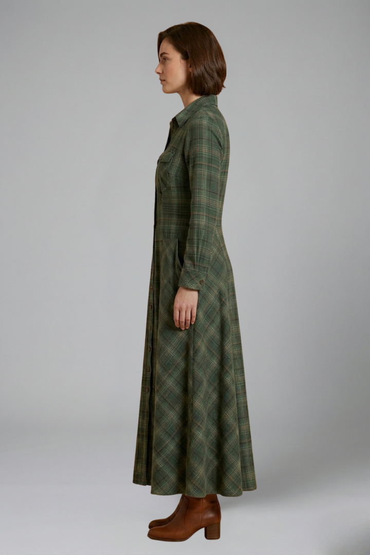 Comfortable women's plaid maxi dress with long sleeves & button front. Perfect fall/winter dress for a stylish look.