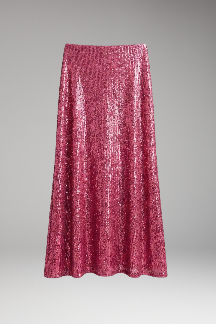 Women's dazzling sequin maxi skirt with high elastic waist, perfect for glamorous evening wear.