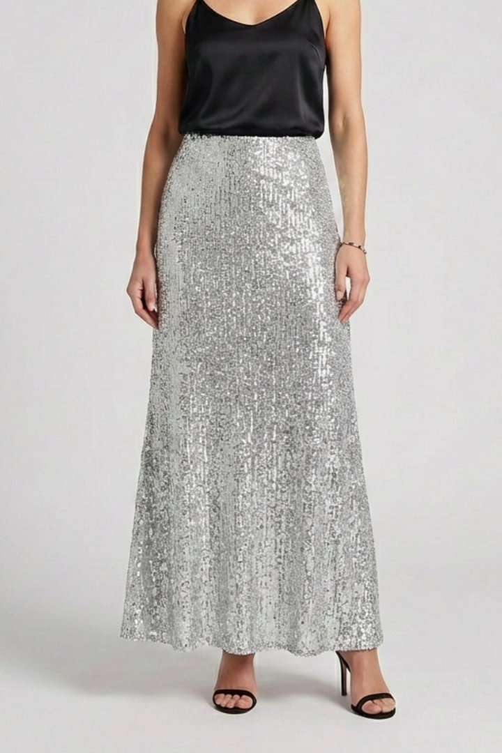 Elegant long sequin skirt for women, high-waisted & pull-on, perfect glamorous party and formal wear.