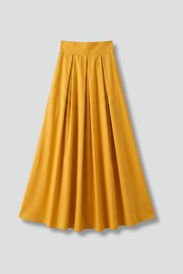 Women's high waisted pleated maxi skirt with functional pockets, perfect for versatile fashion.