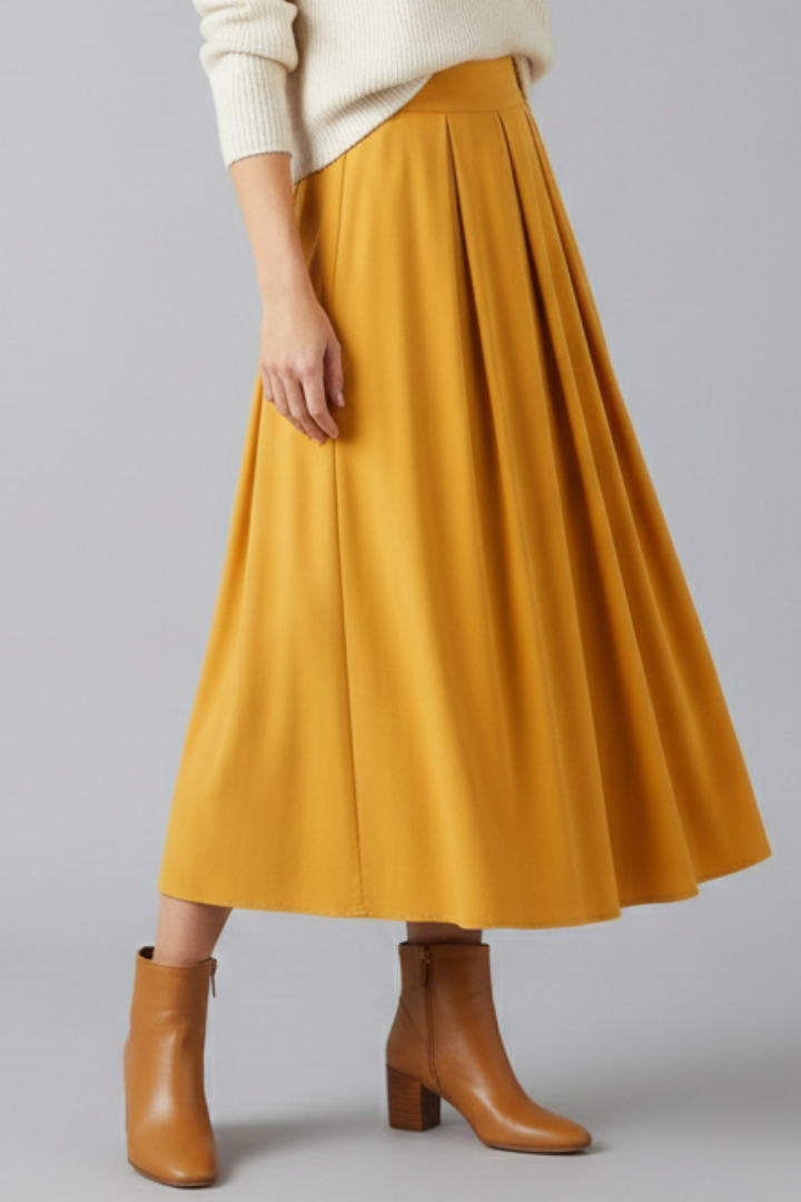 Stylish women's summer pleated maxi skirt, high-waisted with practical pockets, flowing and elegant.
