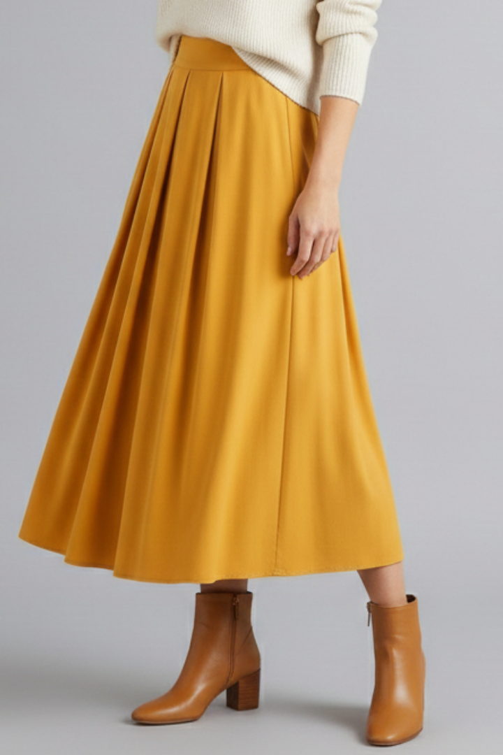 Formal women's high waisted long pleated skirt. A versatile floor-length maxi skirt with practical pockets.