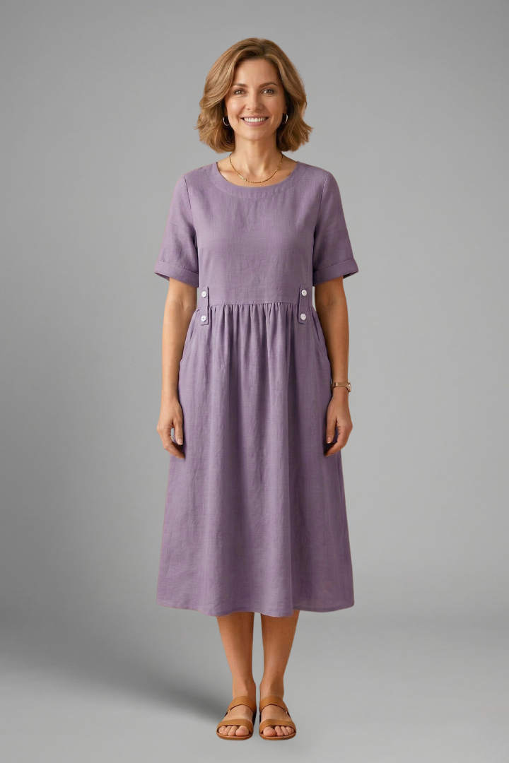 Comfortable women's loose fit midi dress with a simple round neck, ideal for warm weather.