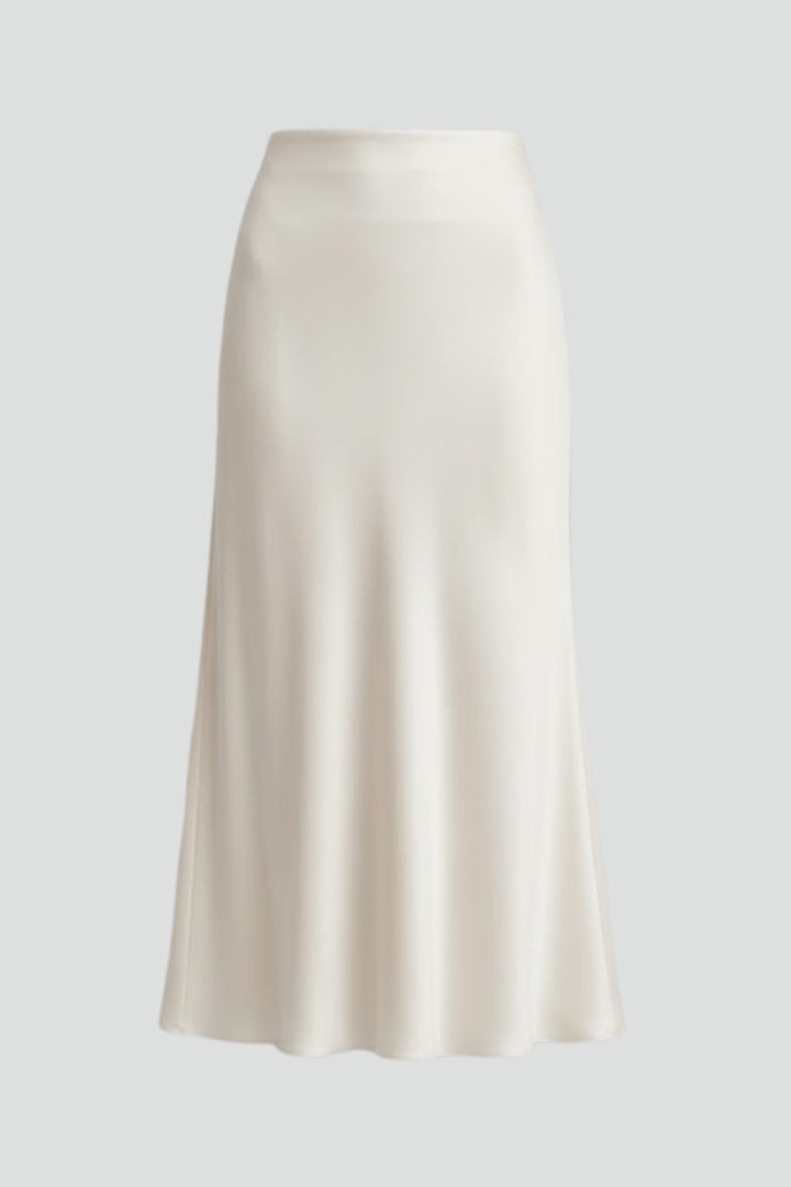 Elegant women's white high waist draped midi skirt, perfect for day to night wear. Flowing & chic.