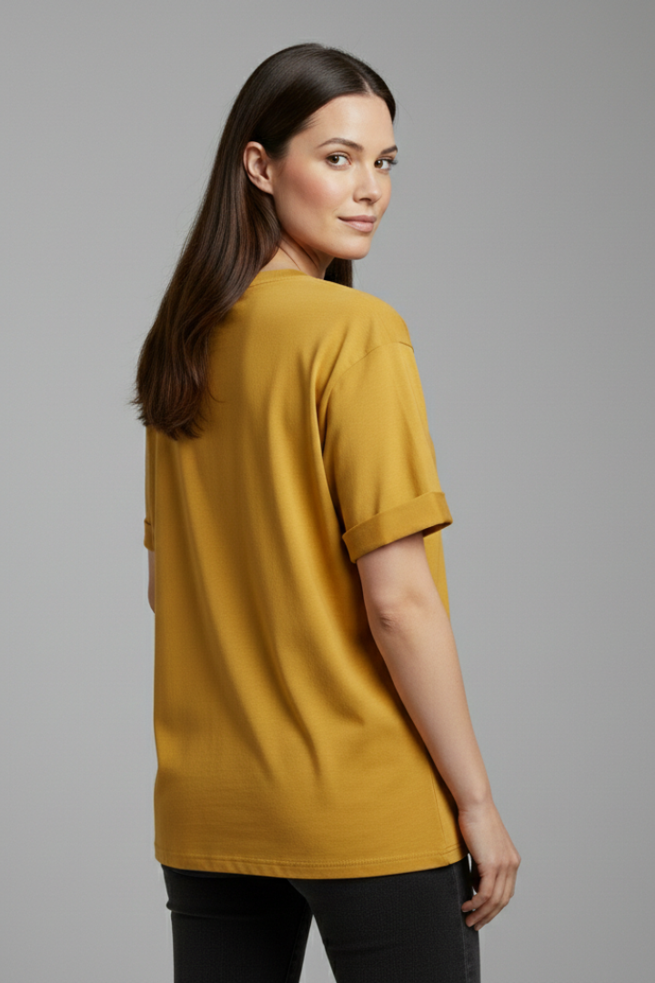 Simple yet stylish women's round neck t-shirt with distinctive rolled short sleeves for a chic casual top.