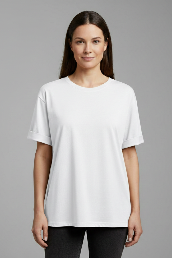 Detail shot of a women's t-shirt showcasing the stylish rolled short sleeves and comfortable round neck design.