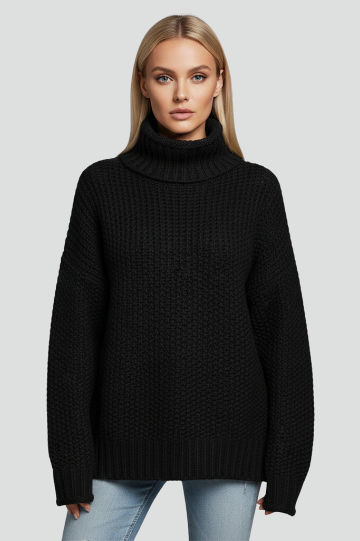 Front view of a women's cozy textured long-sleeve turtleneck sweater, ideal knitwear.