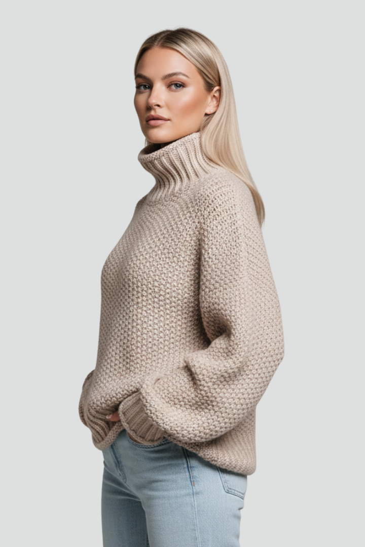 Warm women's long-sleeve turtleneck jumper, textured knit, perfect for chilly fall & winter days.