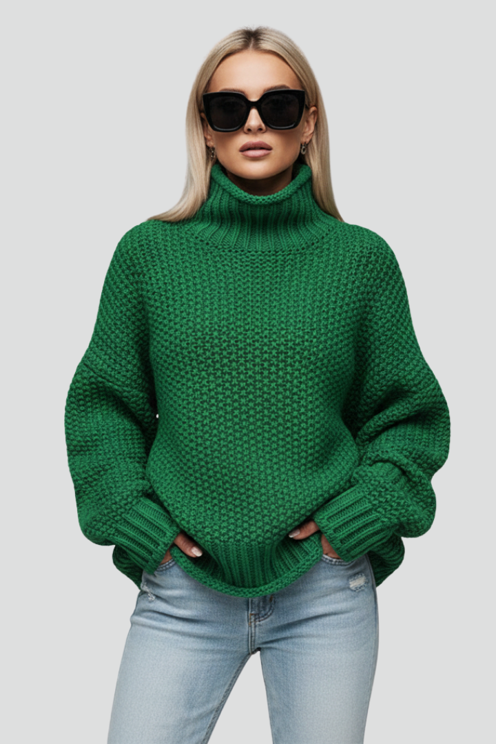 Ribbed texture women's long-sleeve turtleneck sweater, knit for warmth and casual style.