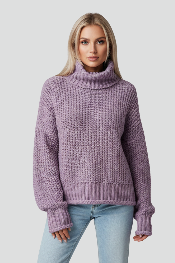 Elegant women's textured turtleneck sweater, long sleeves, perfect for casual winter outfits.