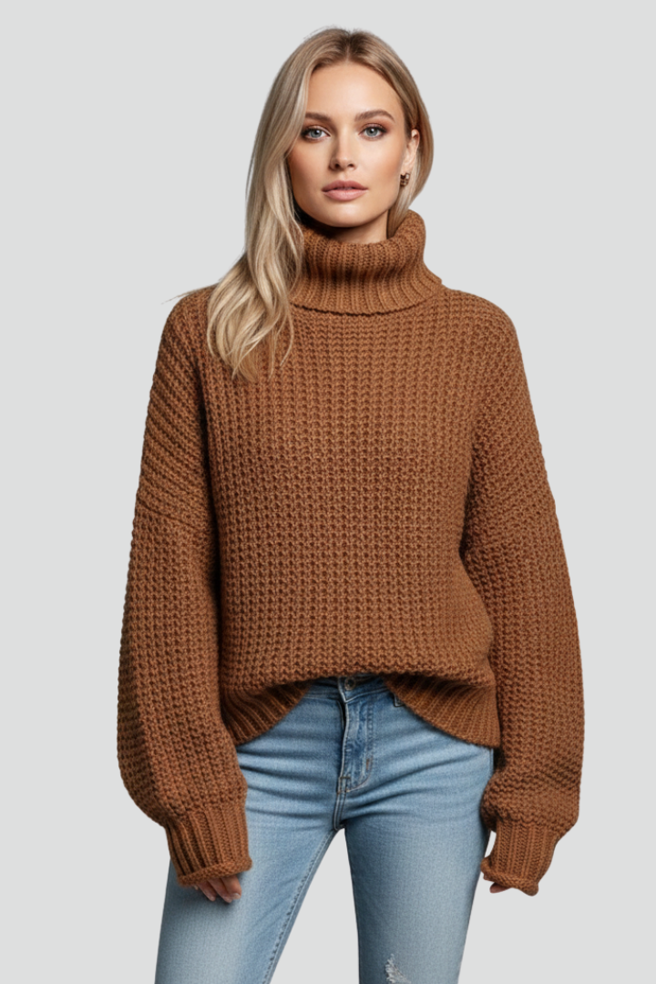 Chunky knit women's turtleneck jumper, textured pattern, long sleeves, cozy winter wardrobe.