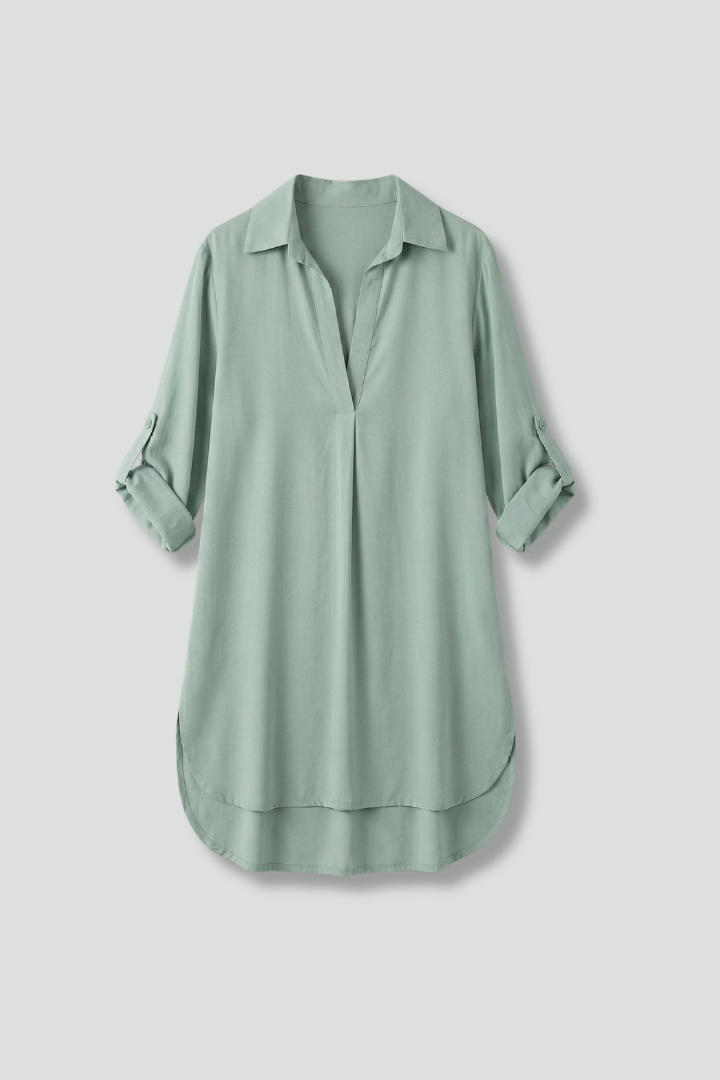 Women's versatile long sleeve collared V-neck tunic dress, ideal for casual spring & summer wear.