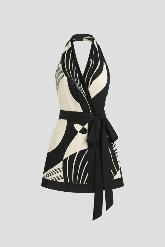 Elegant black halter neck wrap mini dress for women, featuring a stylish tie waist, perfect for parties & cocktails.