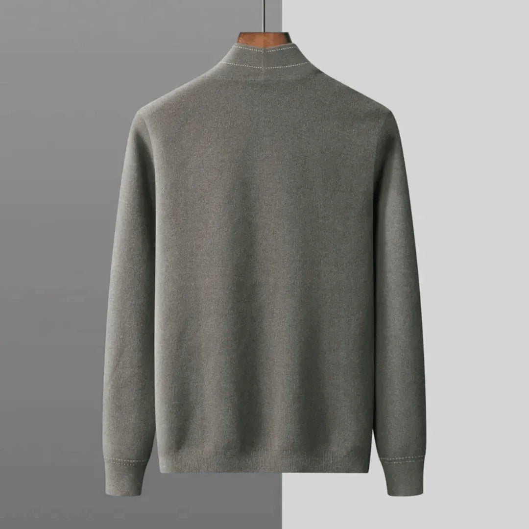 Close-up of a men's long sleeve button-front knit cardigan, ideal for versatile everyday wear.