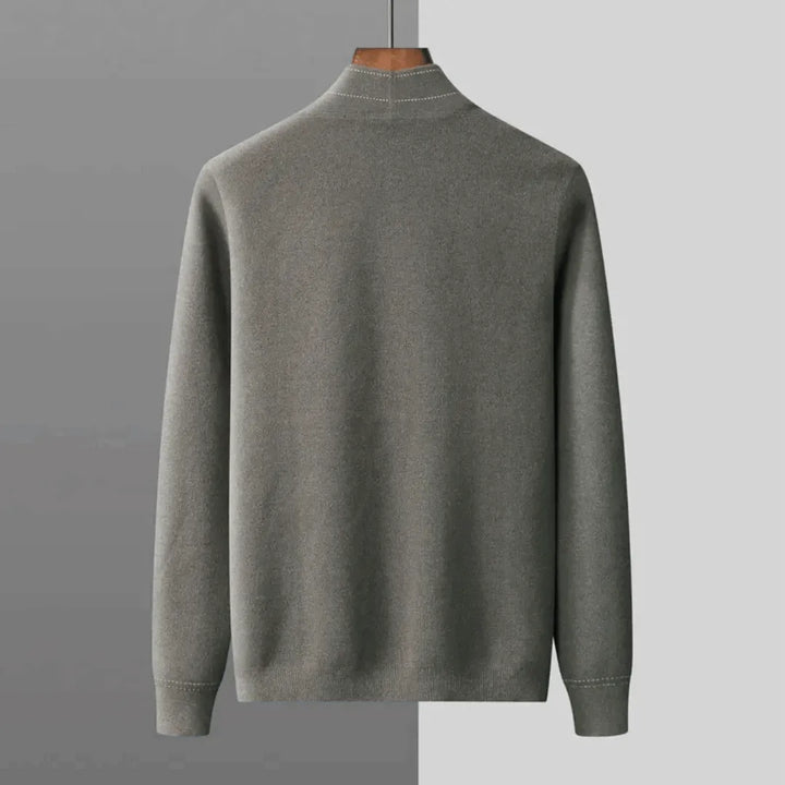 Close-up of a men's long sleeve button-front knit cardigan, ideal for versatile everyday wear.