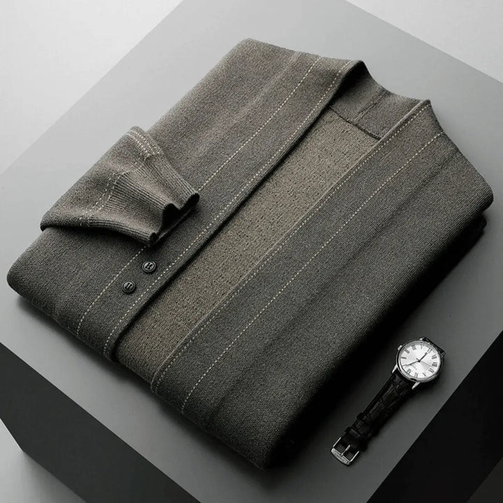 Timeless men's fashion: a smart casual knit cardigan sweater in a dark color.