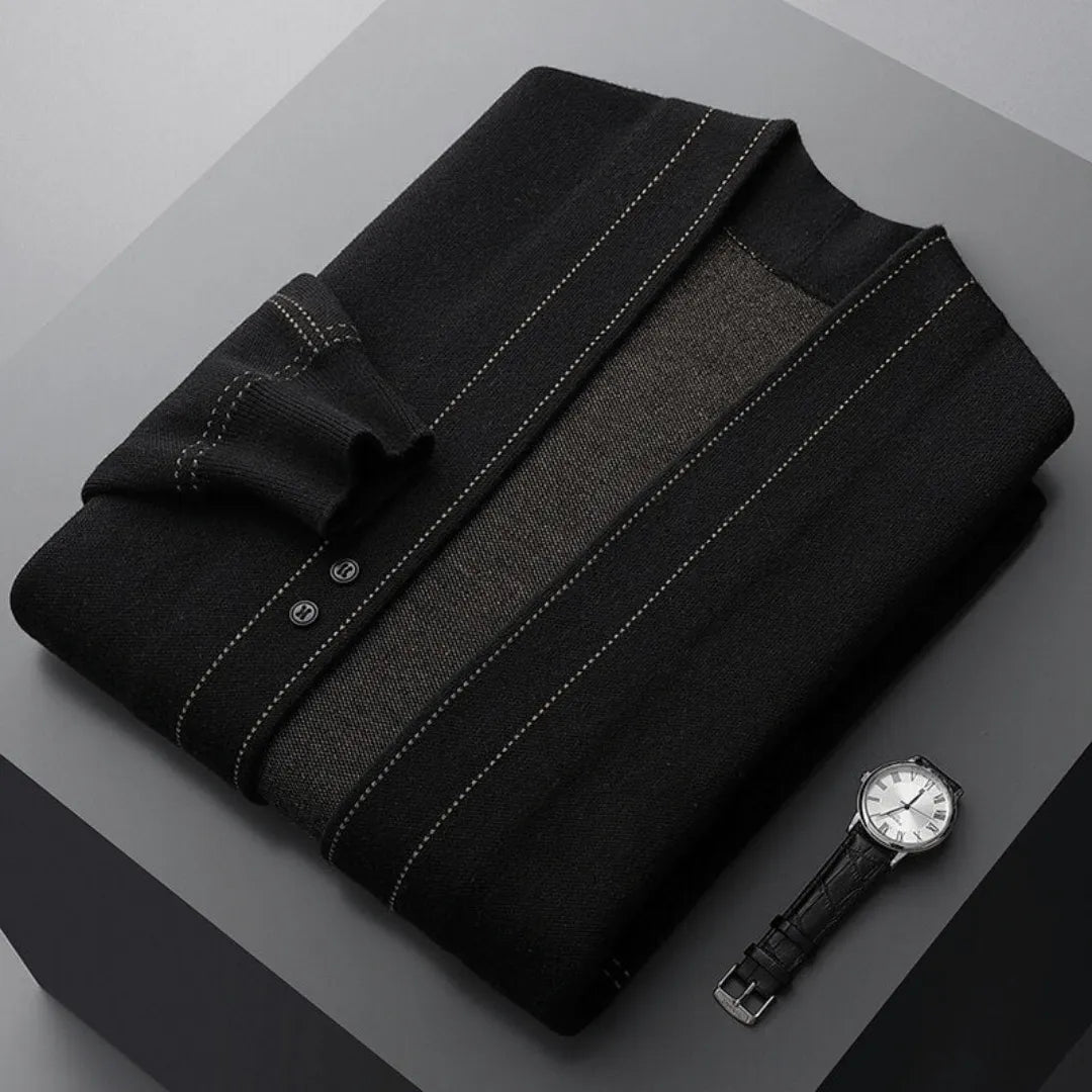 Grey knit cardigan for men, offering a sophisticated smart casual look and everyday comfort.