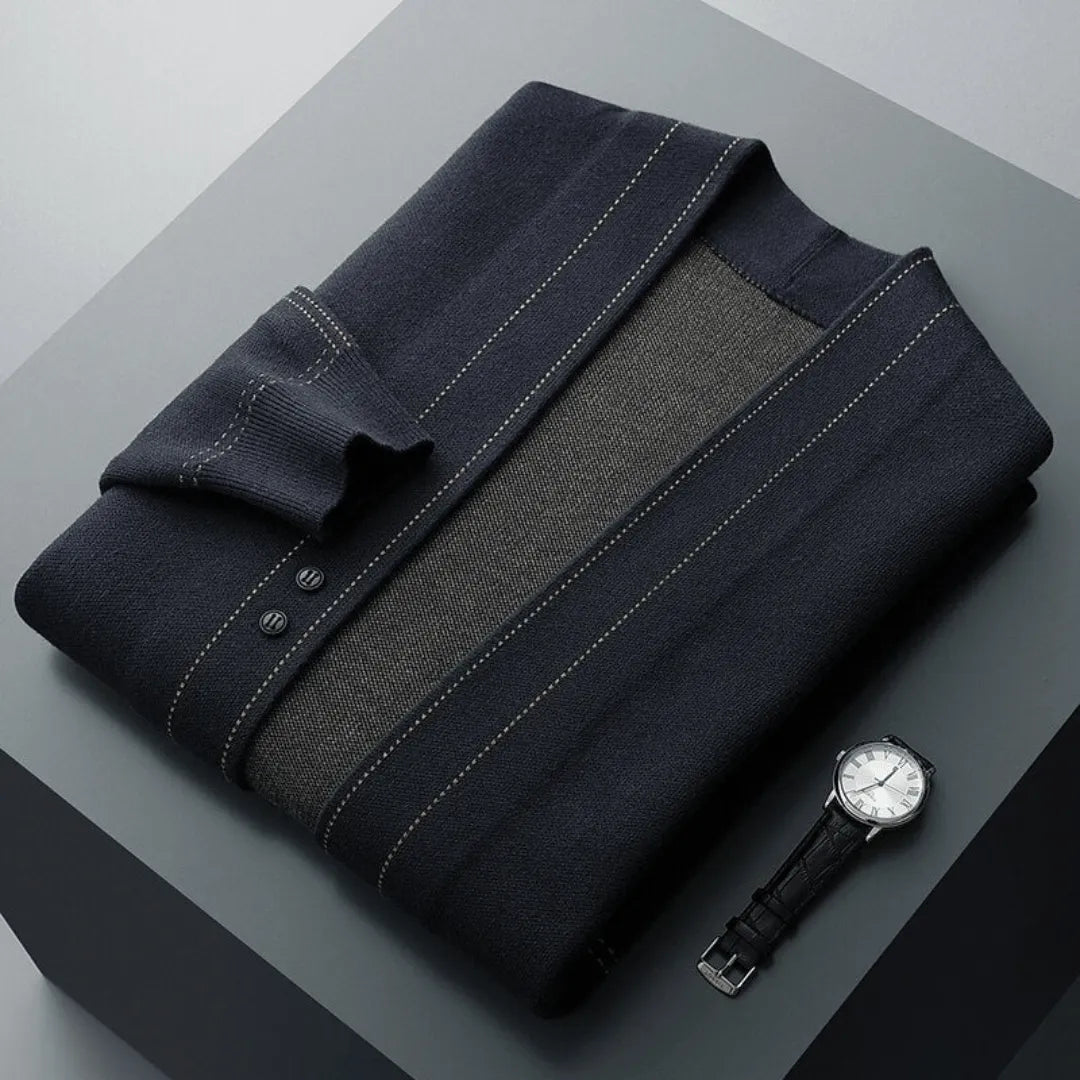 A classic men's long sleeve knit cardigan, an essential versatile layering top for smart casual fashion.