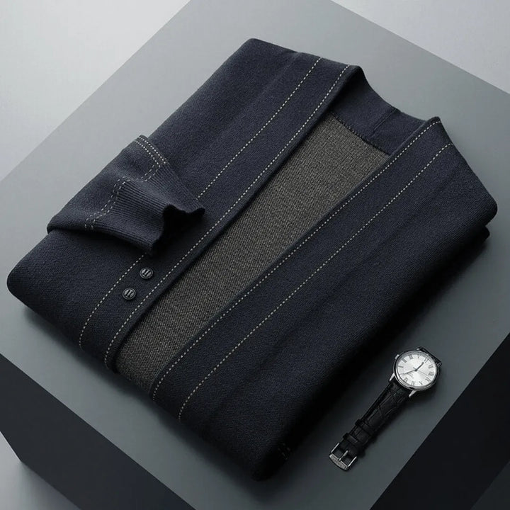 A classic men's long sleeve knit cardigan, an essential versatile layering top for smart casual fashion.