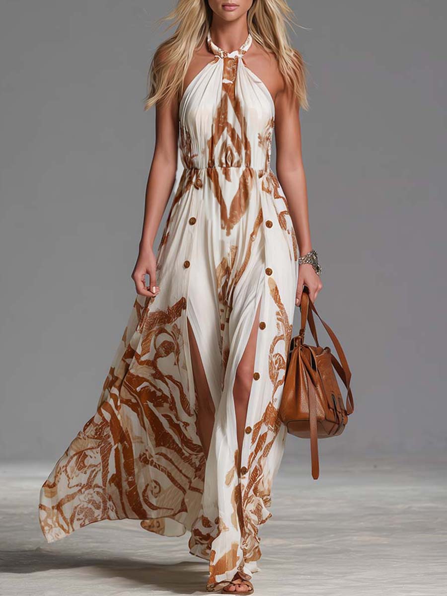 Abstract print halter neck maxi dress for women, flowy with button side split, perfect for summer vacations.