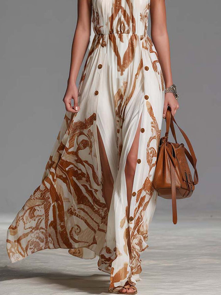 Cream abstract print halter neck maxi dress, flowy, with a chic button side split. Summer elegant.