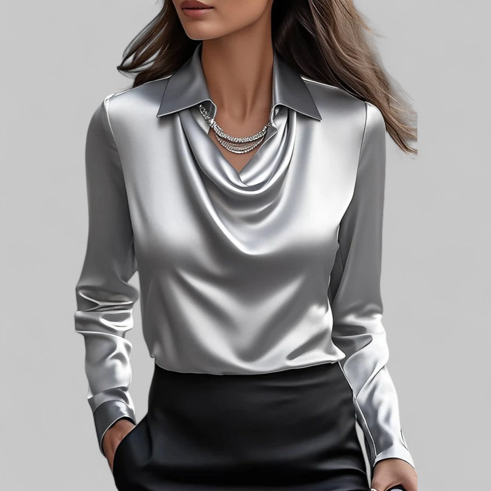 Women's long sleeve draped neck top. A versatile blouse, perfect for professional or casual outfits.