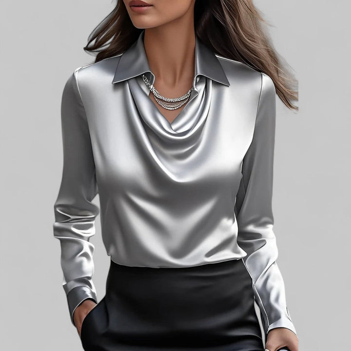 Women's long sleeve draped neck top. A versatile blouse, perfect for professional or casual outfits.