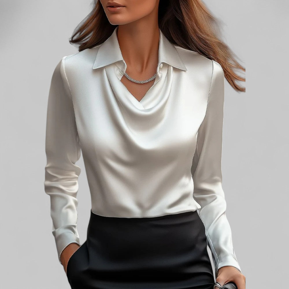 Elegant women's draped neck long sleeve blouse. Versatile top for office wear & casual chic.