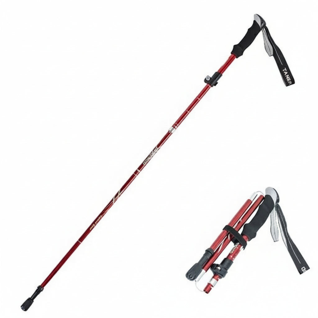 Adjustable hiking pole for trekking and trail support, made from lightweight aluminum, providing balance on trails.