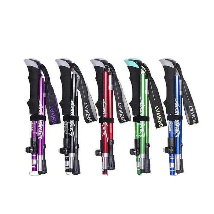"Adjustable lightweight trekking poles, foldable design, available in black, blue, or red, perfect for hiking and stability."