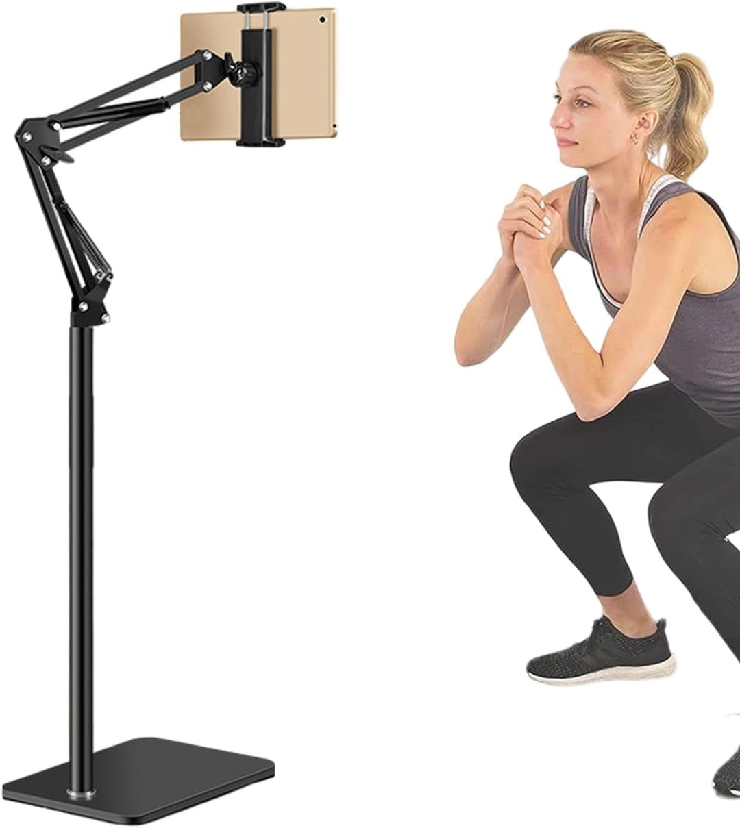 Adjustable Movira floor stand for phones & tablets. 360° rotating, hands-free viewing, ideal for home or office.