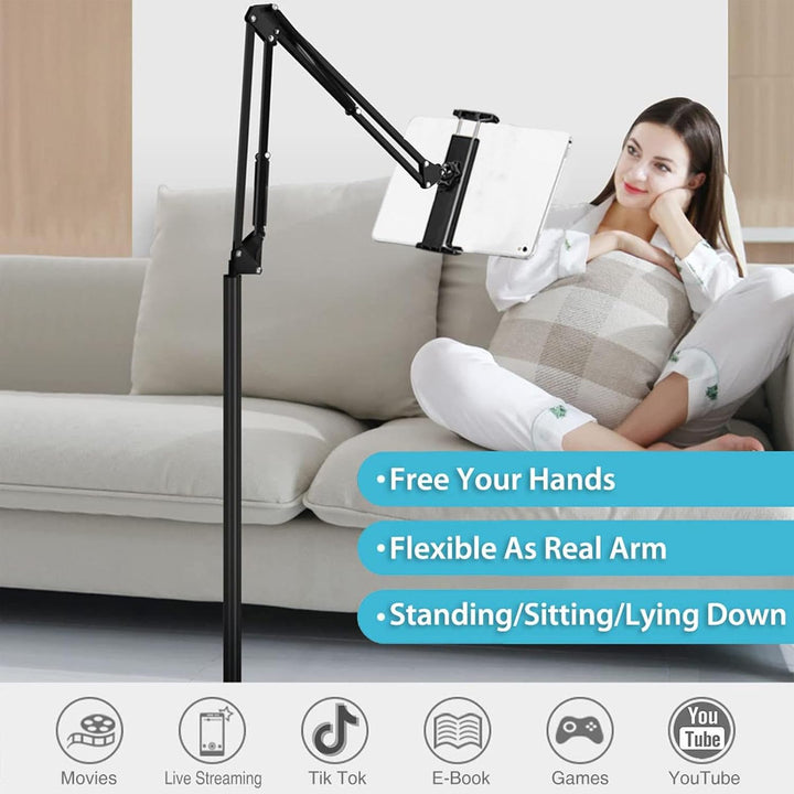 Universal Movira floor stand for phones & tablets. Ergonomic, adjustable height, 360° rotation for comfortable viewing.