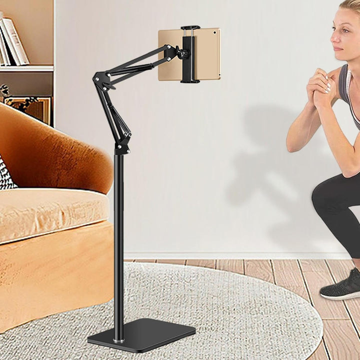 Movira adjustable floor stand: hands-free phone & tablet viewing for home office, bedroom, or living room convenience.