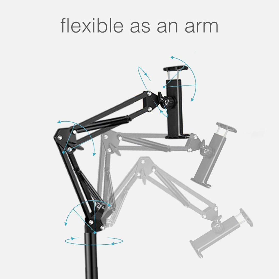 Universal Movira phone & tablet floor stand. Fully adjustable, 360° swivel for hands-free entertainment or work.