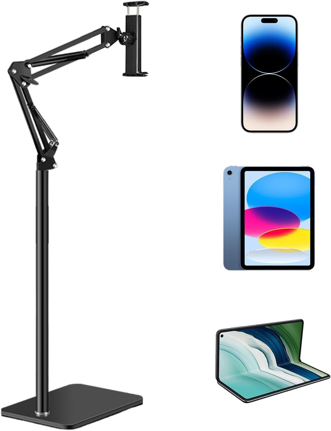 Movira adjustable universal floor stand for phones & tablets. Ergonomic, 360° flexible, perfect for hands-free viewing.
