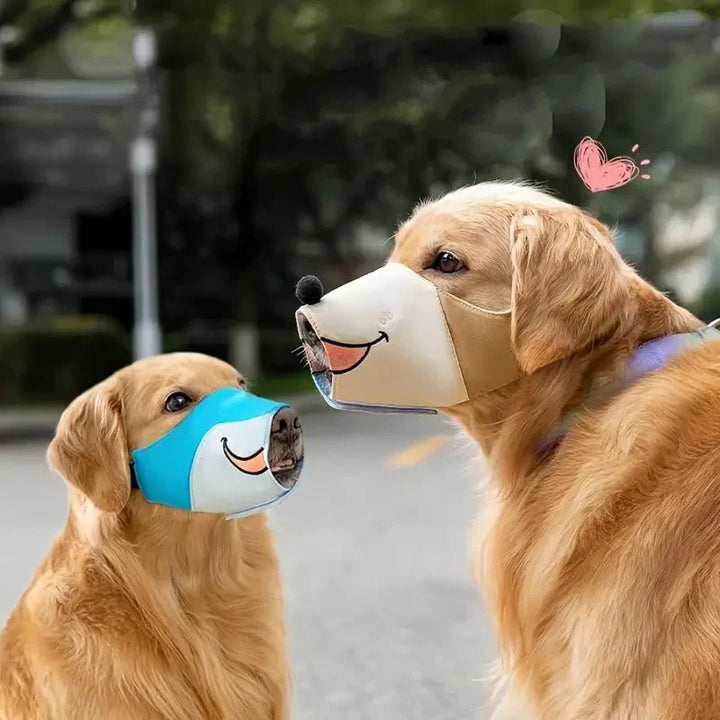 Adjustable sky blue cartoon dog muzzle for pet safety & training. Comfortable, breathable pet accessory.