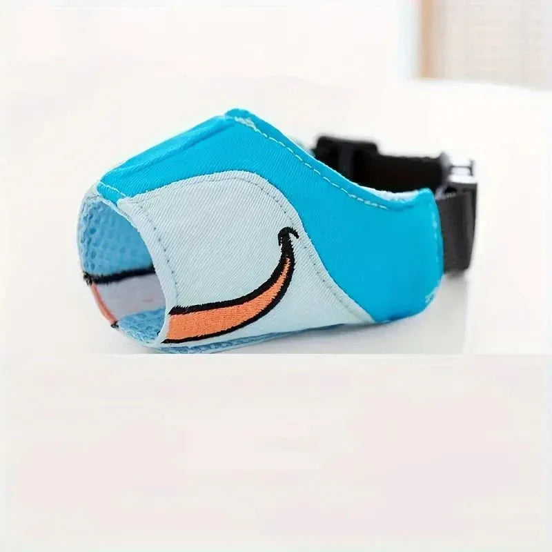 Cute sky blue cartoon dog muzzle for pet safety & anti-biting training. Adjustable & comfortable.
