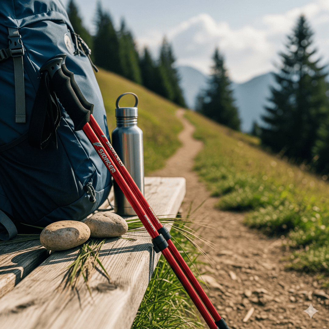 Compact hiking poles with ergonomic grips, perfect for travel and any outdoor adventure.