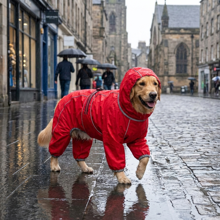 Adjustable waterproof dog rain coat for all breeds. Unisex pet apparel with reflective safety strips for outdoor dog adventures.