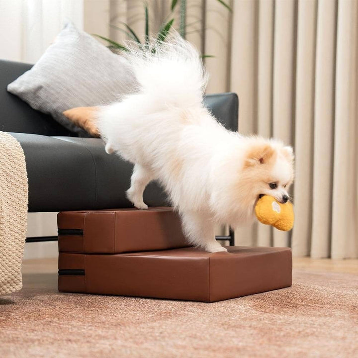 Adjustable waterproof pet stairs for small dogs & senior cats, PU leather design.