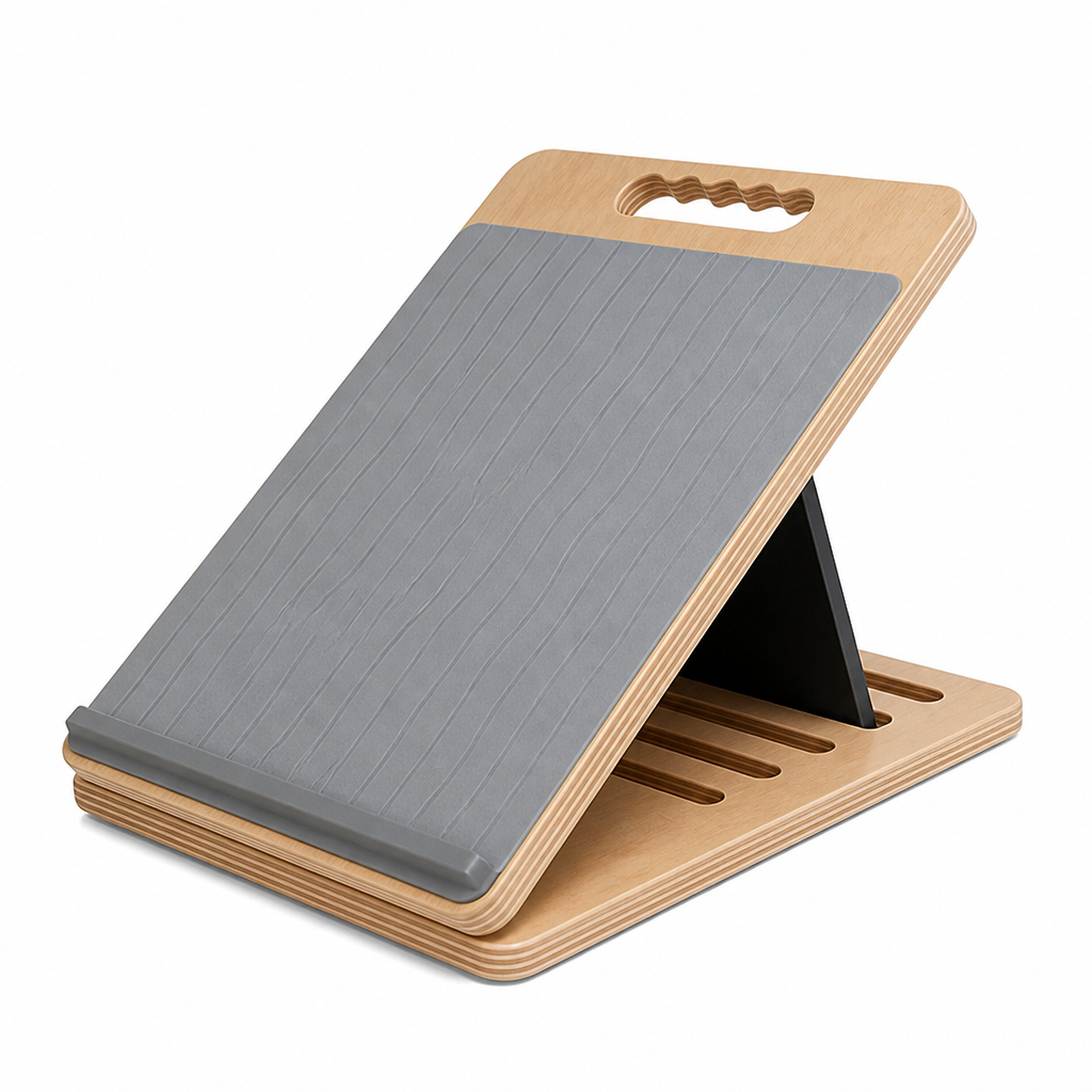 Adjustable wooden incline board for calf stretching, yoga, and flexibility exercises. Portable fitness & muscle recovery tool.