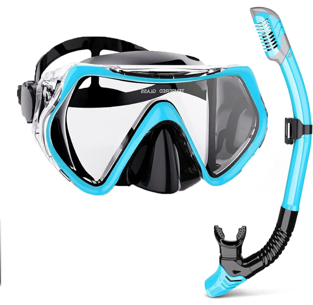 Adult snorkel mask set with 180° panoramic view & dry snorkel for clear underwater swimming.
