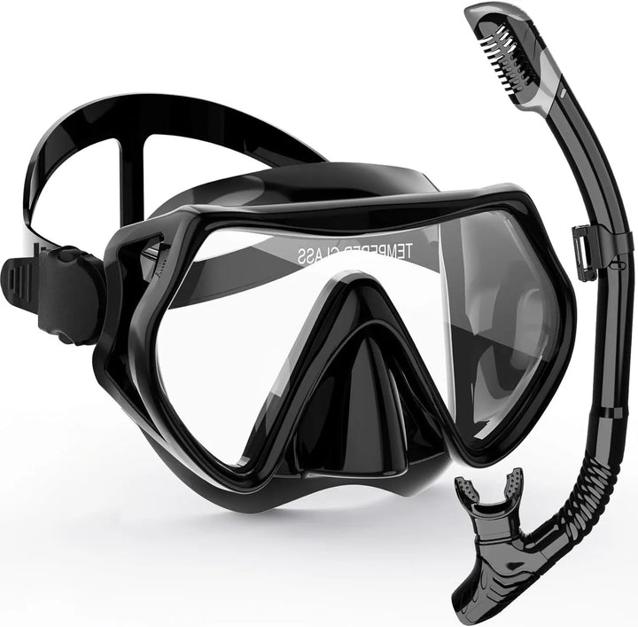 Comfortable silicone adult snorkel mask with anti-fog lens & dry snorkel for watersports.