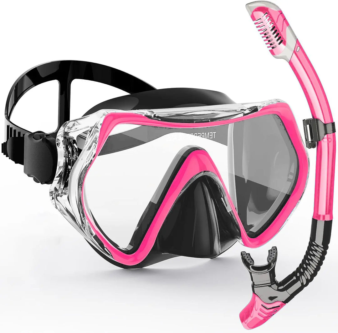 Clear 180° panoramic view adult snorkel mask & dry snorkel for diving and beach summer fun.