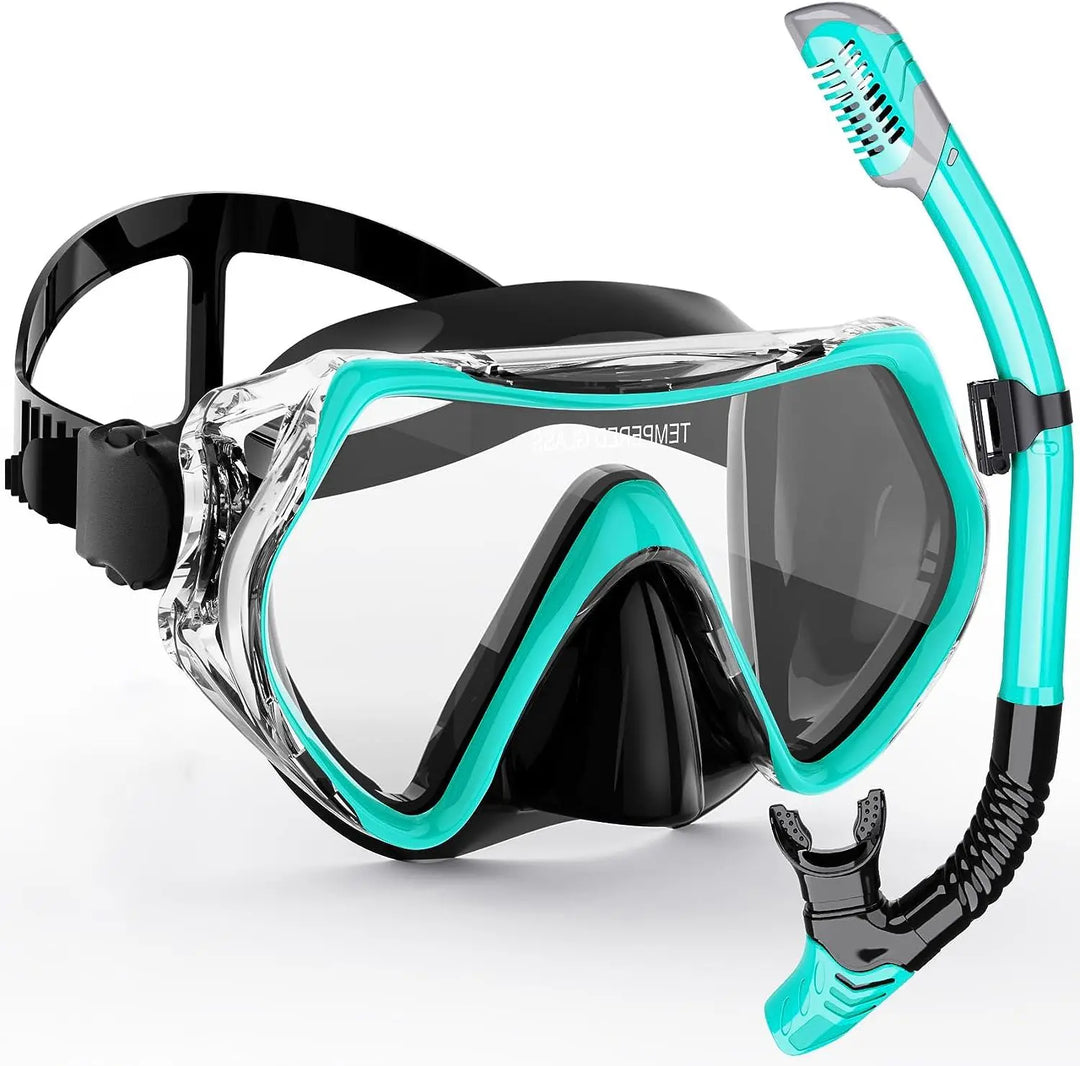 Full adult snorkel mask & dry snorkel set, anti-fog, perfect for swimming & exploring ocean views.