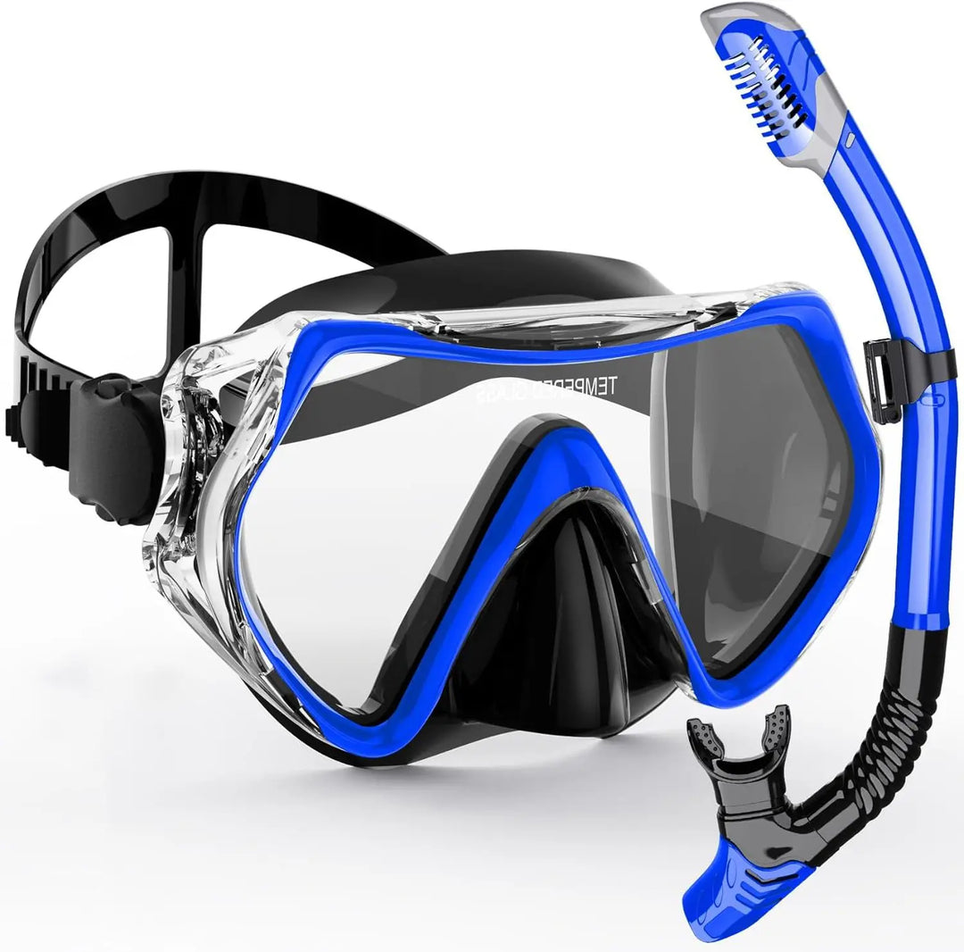Silicone adult snorkel mask with 180° panoramic view & dry snorkel for comfortable summer activities.