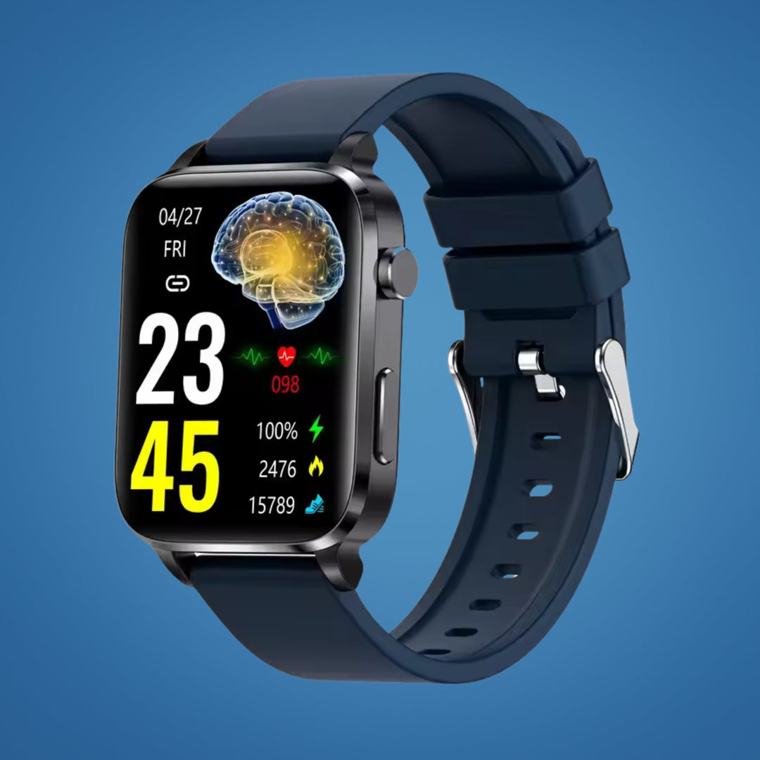 Adults' pain-free blood sugar monitoring smartwatch, a non-invasive glucose tracker for daily diabetes care.