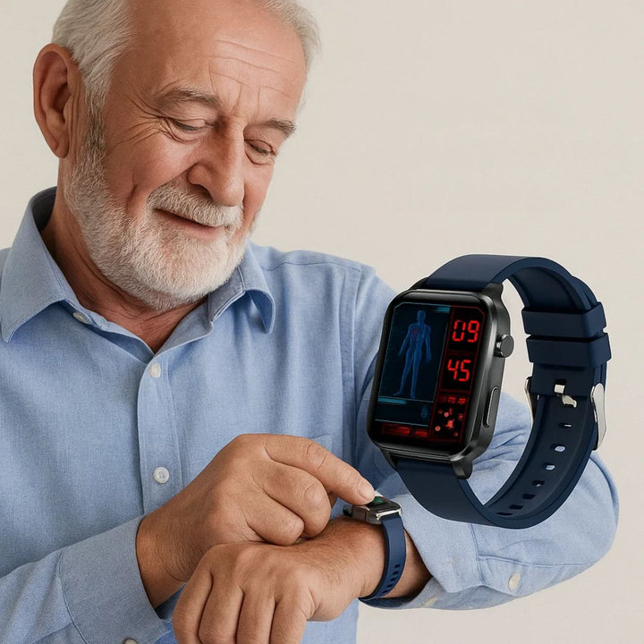Smartwatch with non-invasive glucose monitor, tracking blood sugar & key health metrics for adult diabetes care.